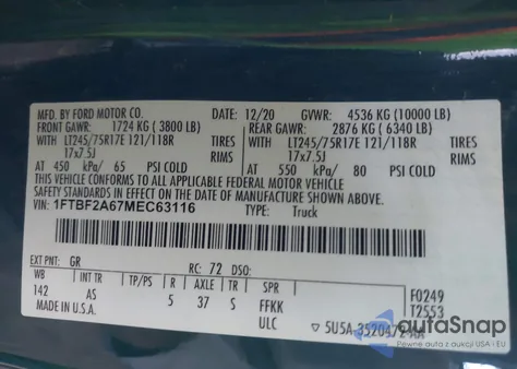 2021 Ford F-250 Xl из США, поврежденный, VIN 1FTBF2A67MEC63116